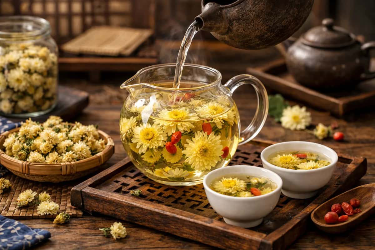 Traditionellt kinesiskt chrysantemumte med torkade blommor och gojibär