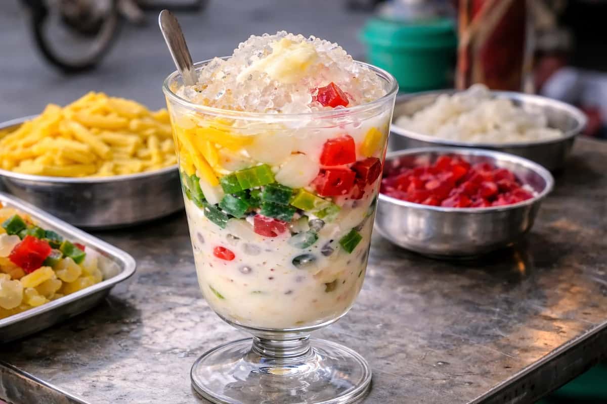 Färgglad vietnamesisk Chè Thái med frukt och is