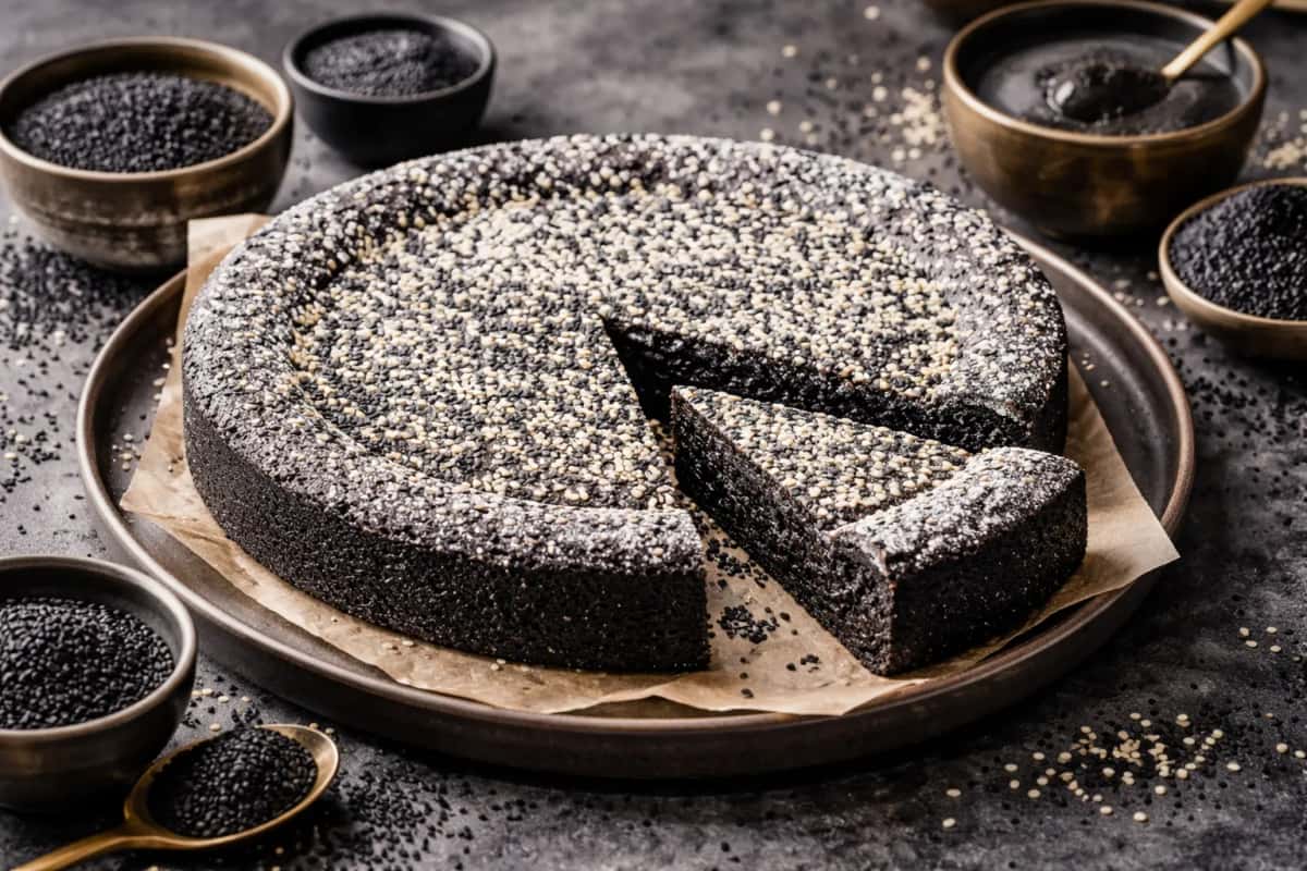 Svart sesam kladdkaka med rostade sesamfrön - östasiatisk elegans