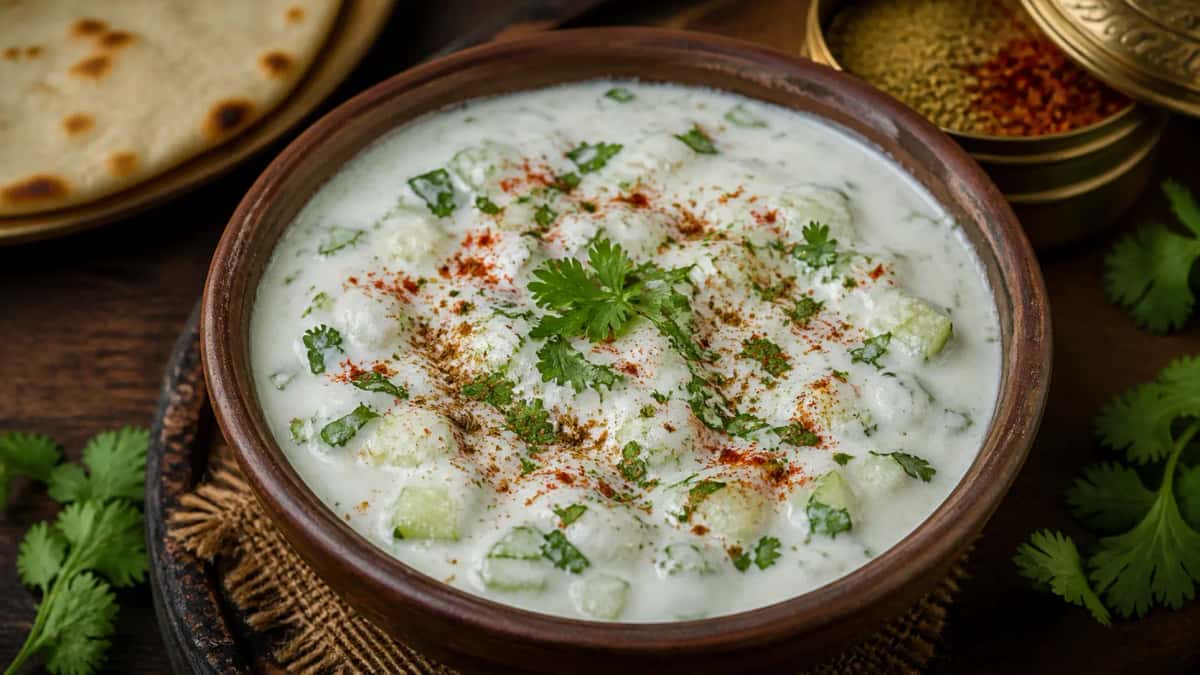 Klassisk indisk gurk-raita Kheera Raita med rostad spiskummin och färska örter