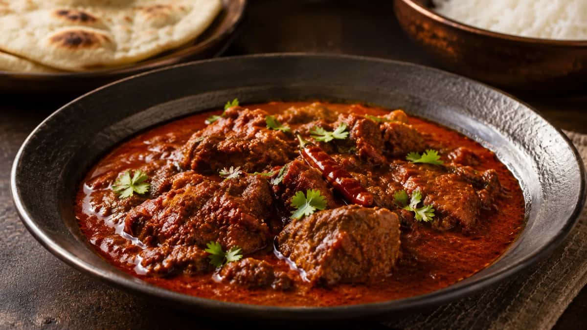 Autentisk indisk Vindaloo från Goa med fläsk, röda chilisar och kryddrik syrlig sås