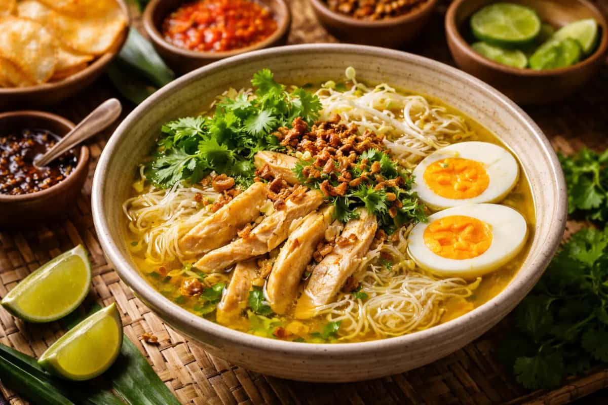 Äkta indonesisk Soto Ayam med gurkmejagul buljong, strimlad kyckling, kokt ägg, böngroddar och friterad schalottenlök