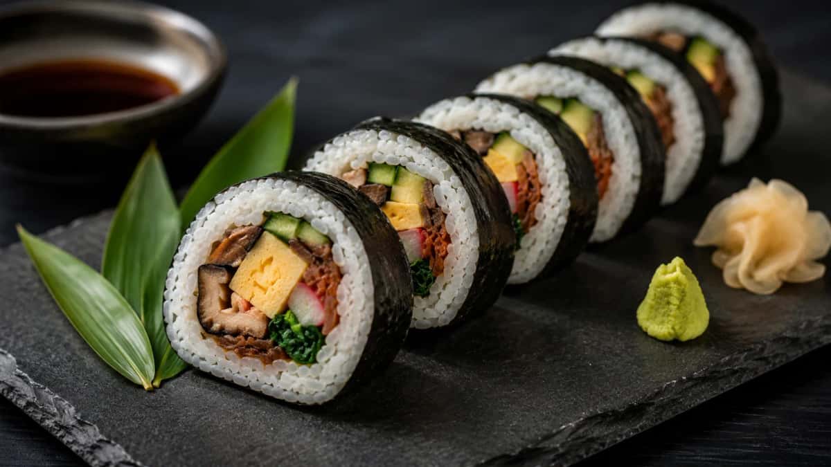 Autentisk japansk futomaki-rulle skuren i 8 bitar med tamagoyaki, shiitakesvamp och gurka synliga i tvärsnitt