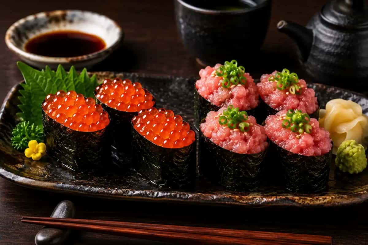 Autentisk gunkan-maki krigsfartygsrulle med glänsande laxrom ikura och krispig nori