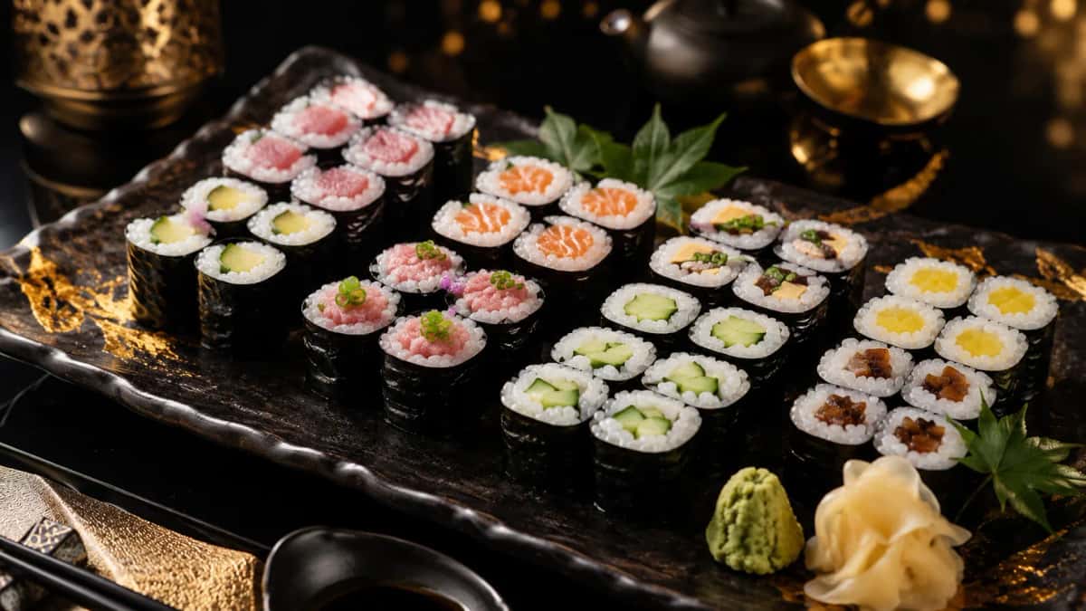 Traditionell japansk maki sushirullar skurna i bitar med tonfisk, lax och gurka, serverade med sojasås, wasabi och ingefära