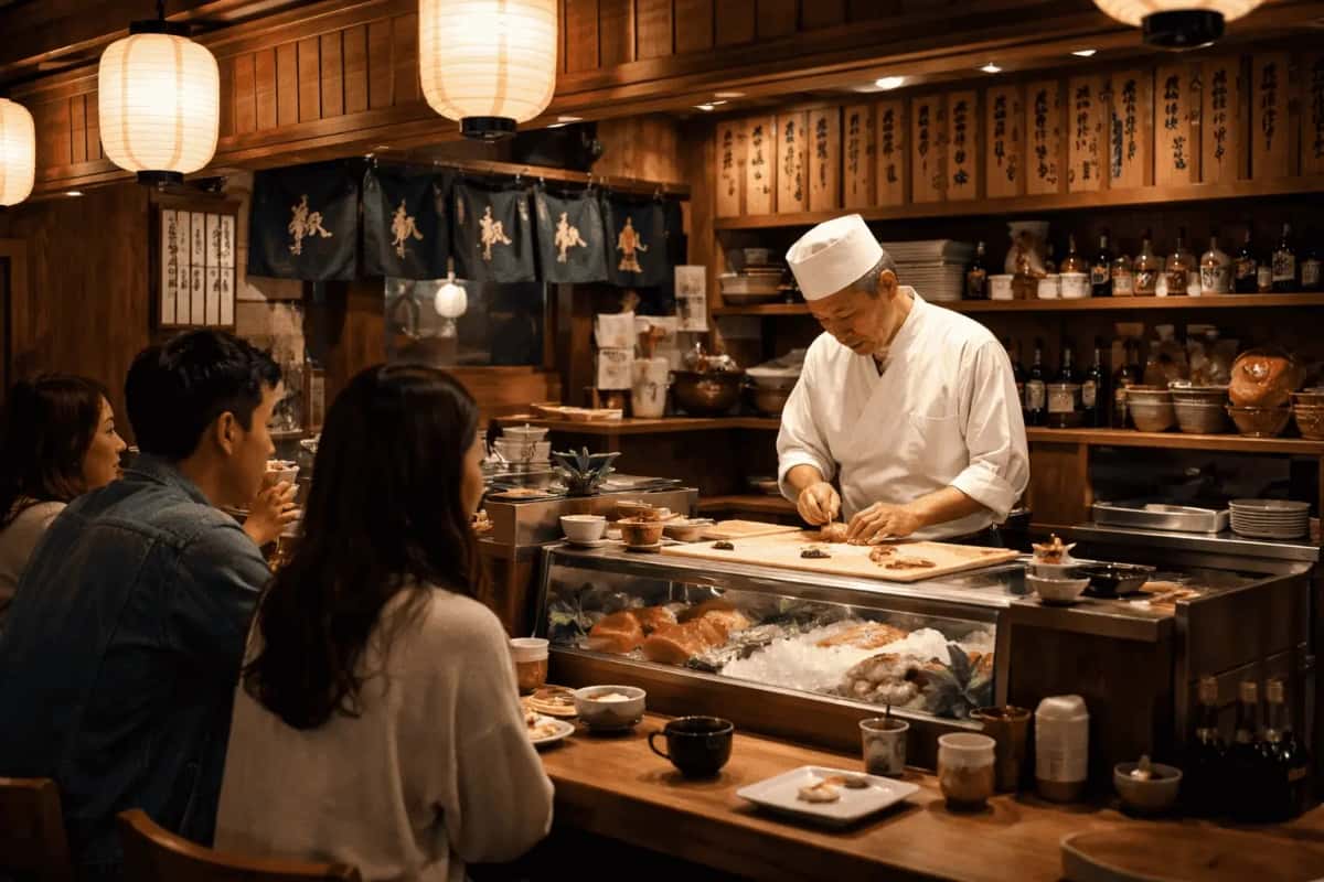 Japansk restaurang interiör med traditionell inredning och öppet kök