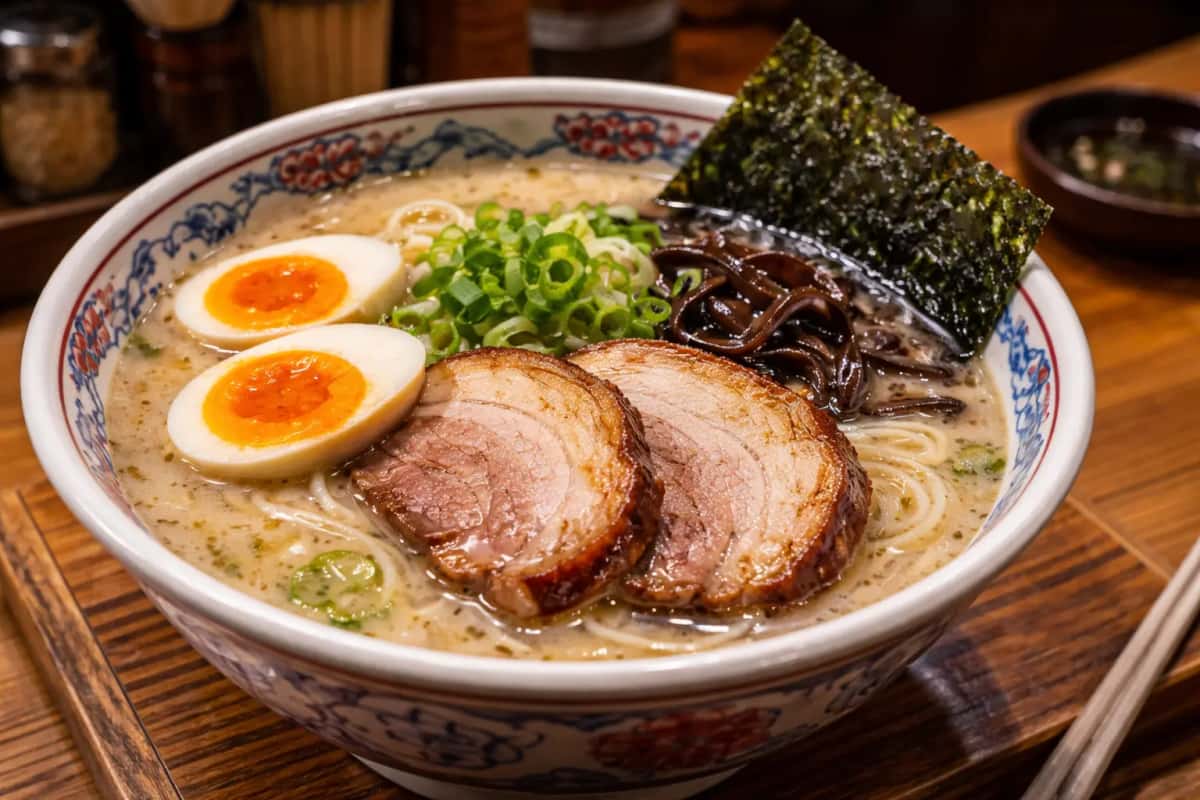 Autentisk Hakata tonkotsu ramen med krämig fläskbensbuljong, chashu och mjukkokt ajitama-ägg från Fukuoka