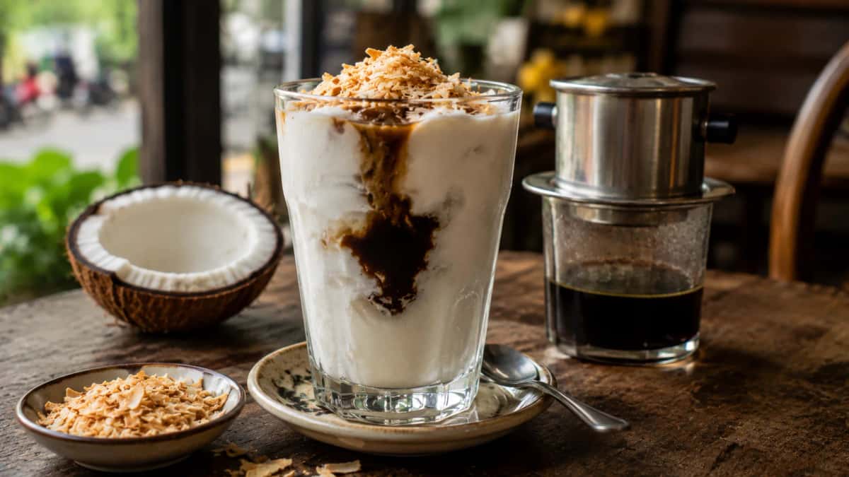 Cà Phê Cốt Dừa vietnamesiskt kokoskaffe med tjock kokoskräm serverat i Hanoi-stil
