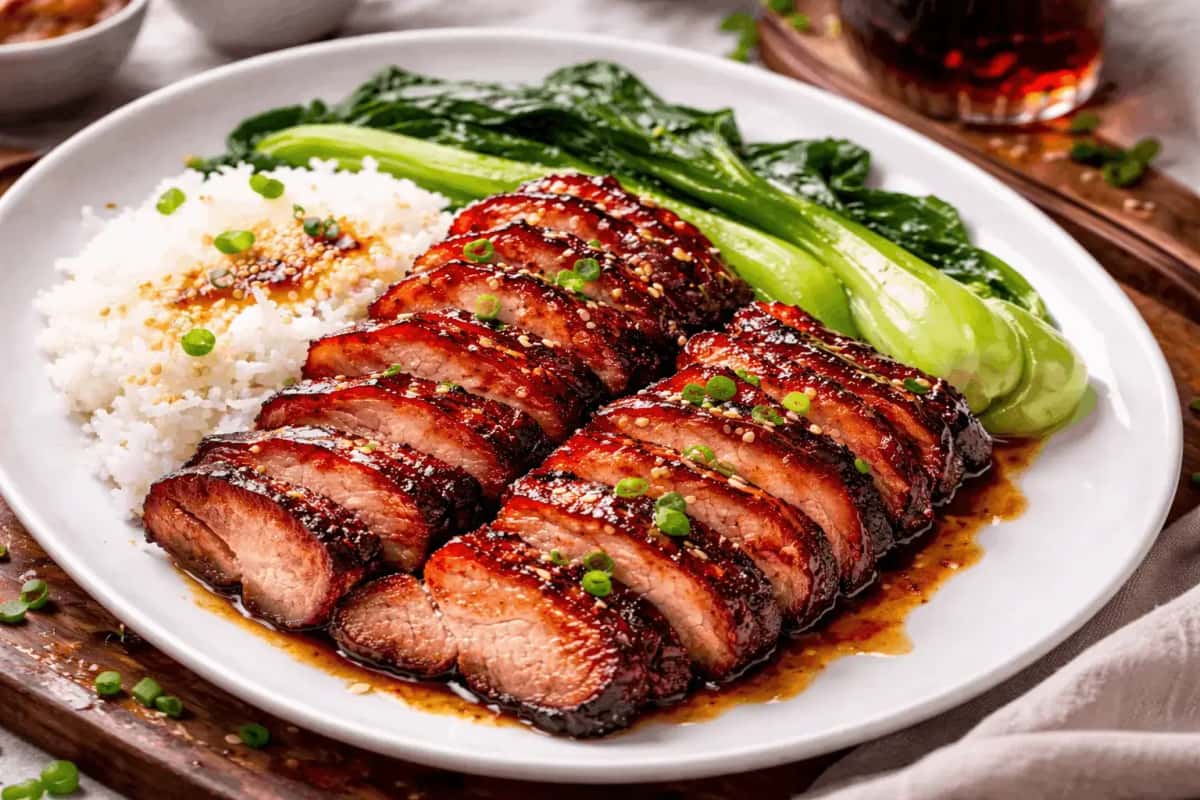 Äkta kantonesisk Char Siu med glansig honungsglasering, karamelliserade kanter och röd-brun marinadfärg serverad skivad med jasminris och pak choi