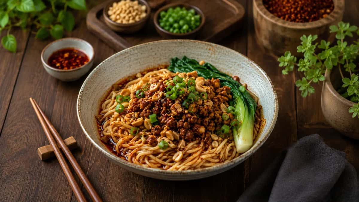 Äkta Sichuan Dan Dan Nudlar med krispigt fläskfärs, ya cai, rostade jordnötter och röd chiliolja i en skål med tunna vetenudlar