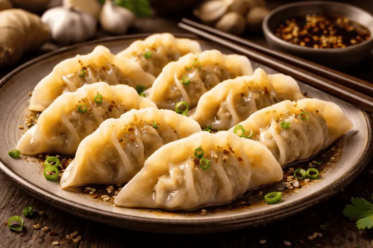 Autentiska kinesiska jiaozi dumplings serverade med soja- och vinägerdipp och chili