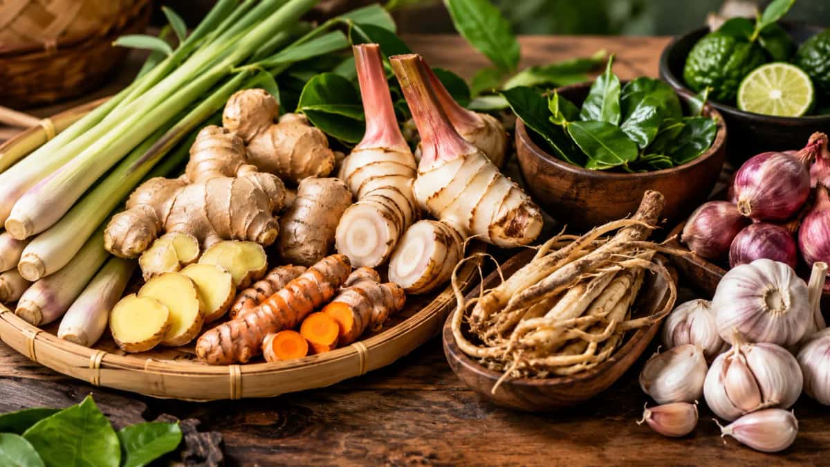 Färska asiatiska rötter som ingefära, galangal, gurkmeja och krachai på ett bord