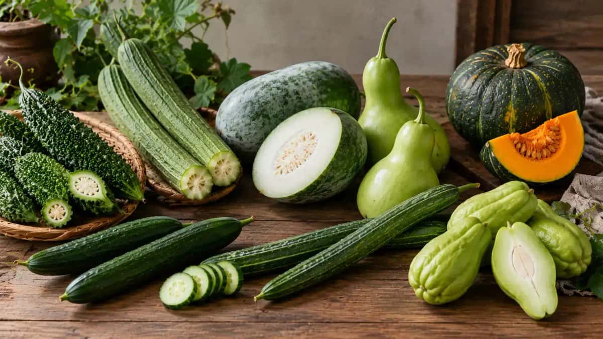 Asiatiska pumpor och gurkor som bittergurka, luffa och vintermelon på ett bord