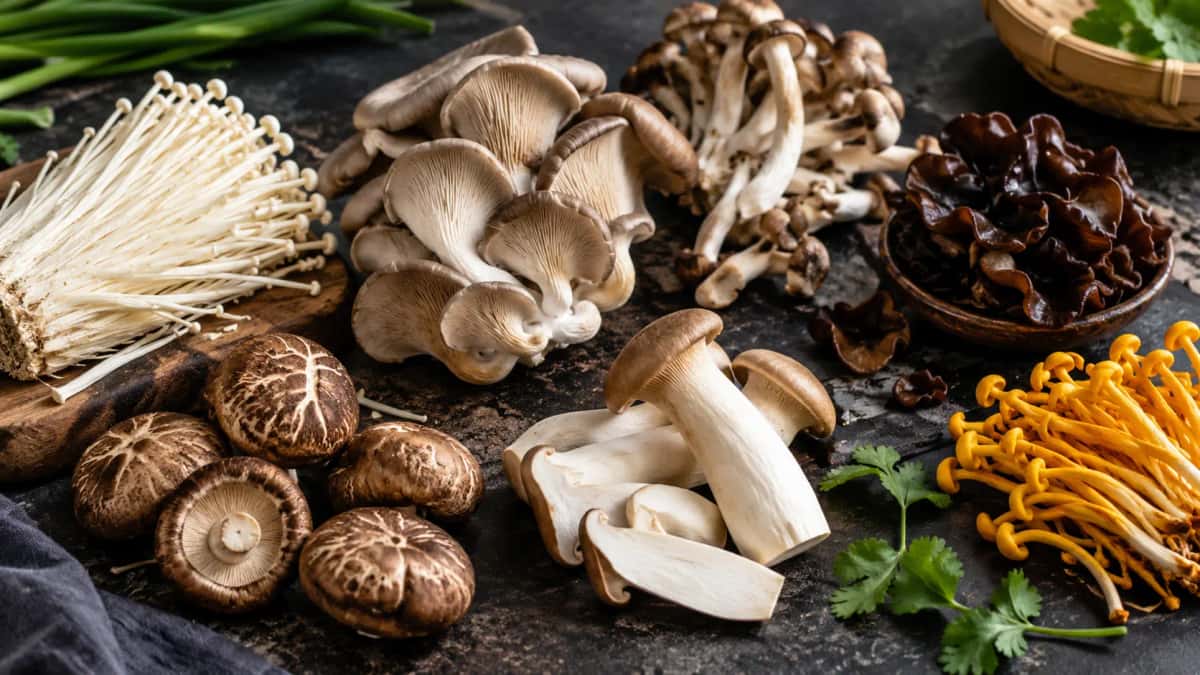 Asiatiska svampar som shiitake, enoki, kungsostronskivling och kikurage på ett bord