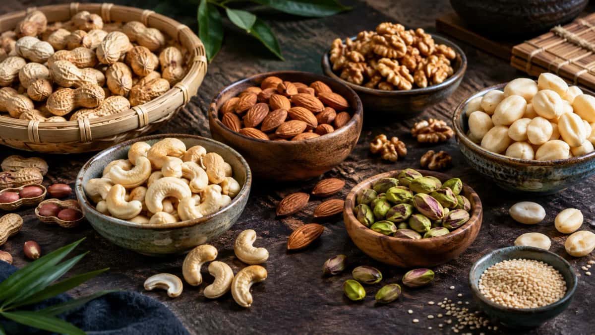 Skålar med rostade jordnötter, cashewnötter och pinjenötter på ett bord