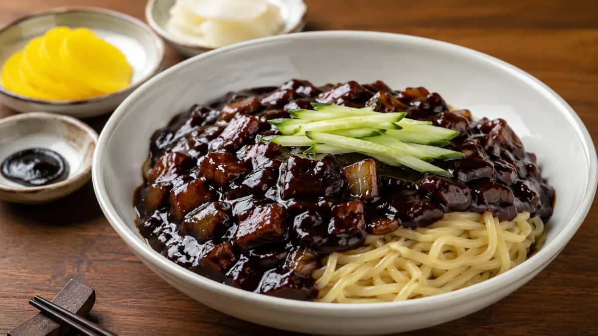 Traditionell koreansk jajangmyeon med svartbönsås