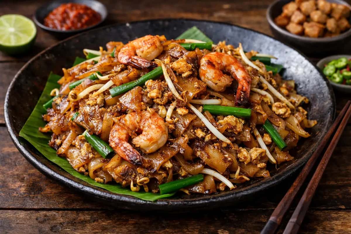 Char Kway Teow stekta risnudlar med räkor och ägg