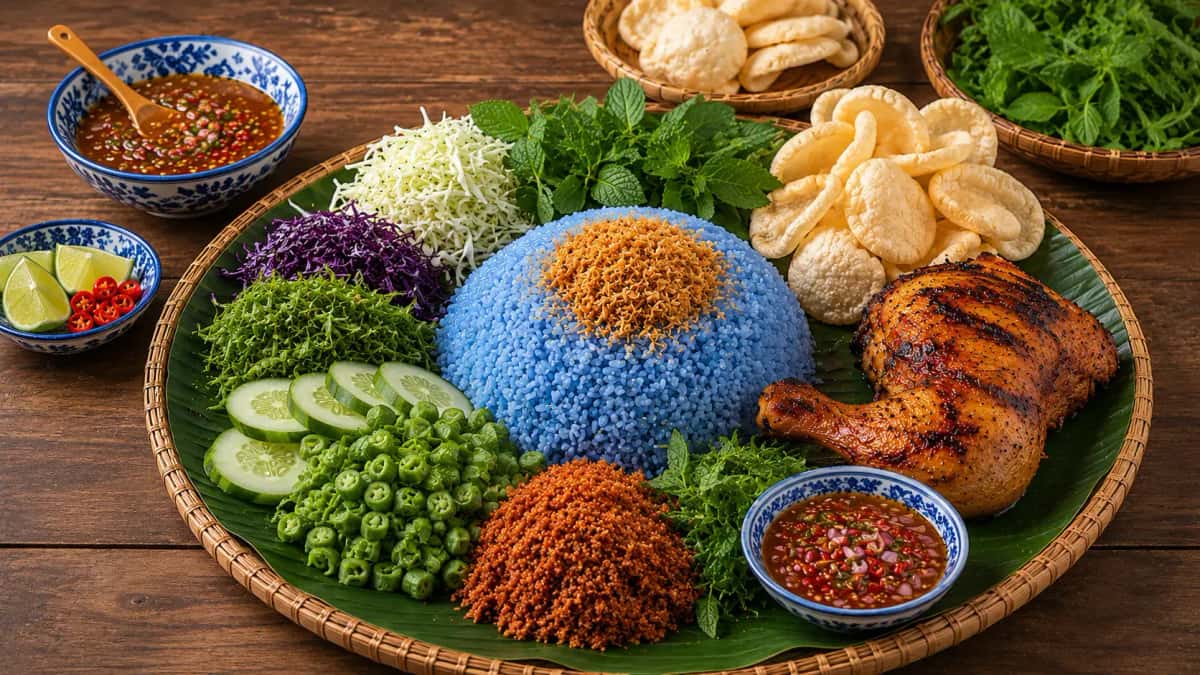 Nasi Kerabu blått fjärilsärtris med sambal kelapa