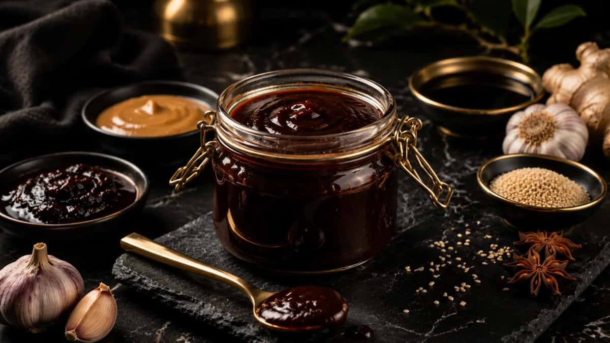 Hemgjord kinesisk hoisinsås i skål, mörk och glansig med djup umami och sötsalt smak