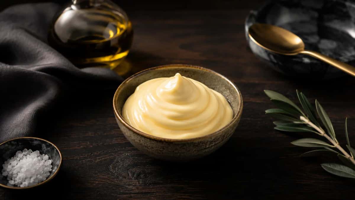 Japansk krämig majonnäs i liten skål, gul sås med glansig yta