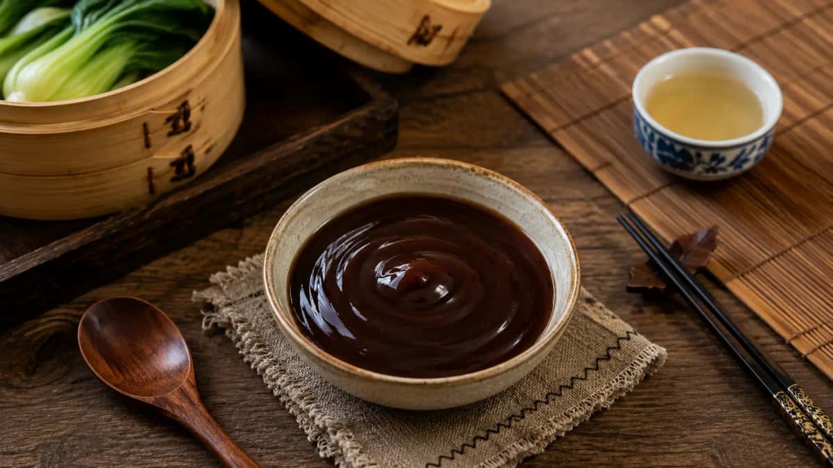 Hemgjord kinesisk ostronsås i skål, mörk och glansig med djup umamismak