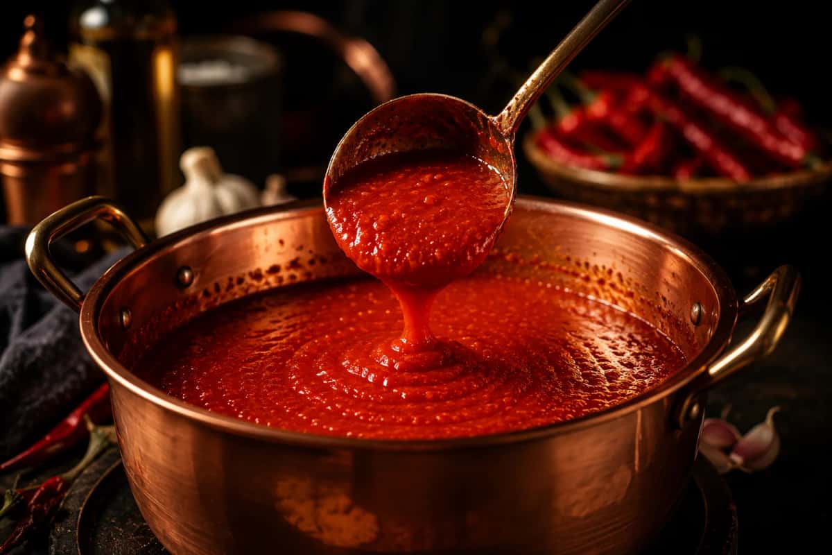 Hemgjord thailändsk sriracha i flaska, slät och hällbar chilisås med röda spur chilis och vitlök