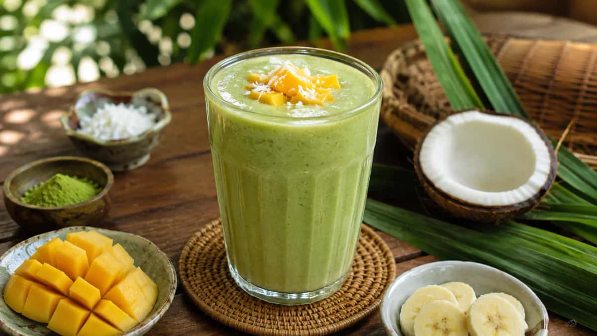 Asiatisk grön smoothie med matcha, mango och kokosmjölk i ett högt glas