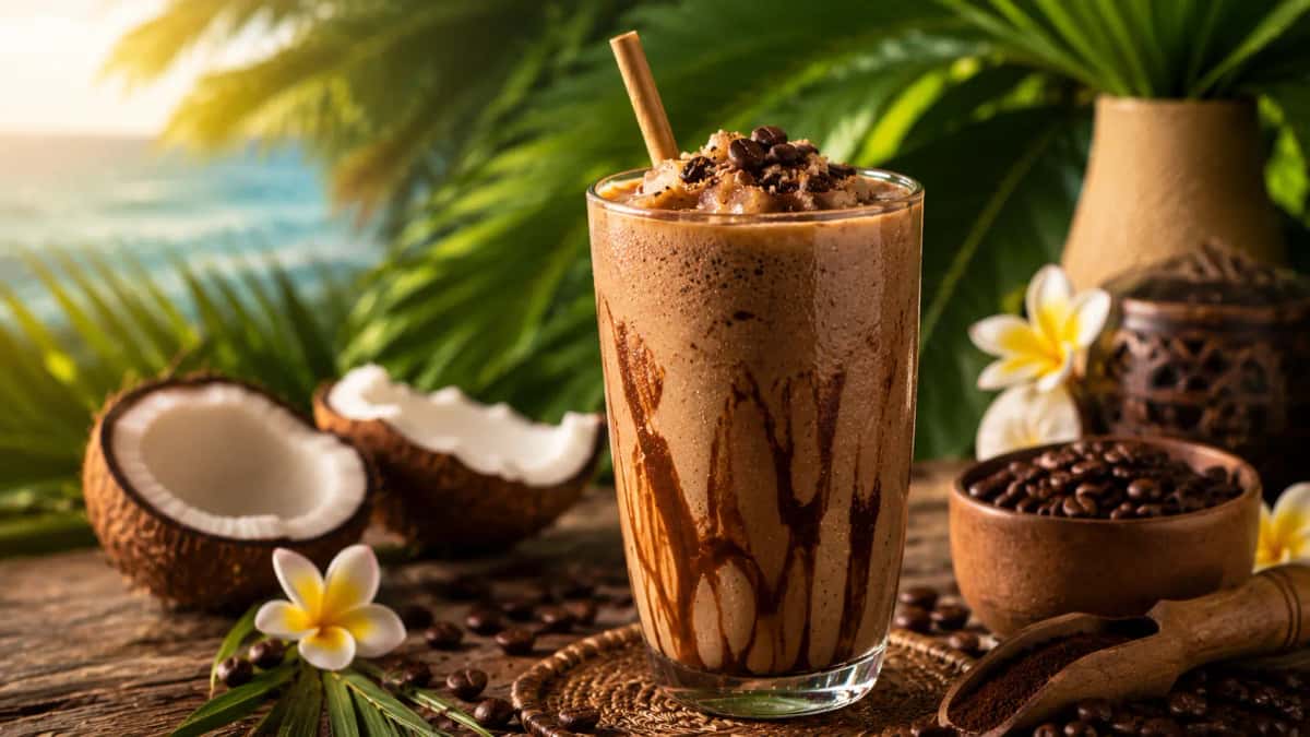 Kaffe smoothie med espresso, banan och kondenserad mjölk i ett högt glas med iskulor