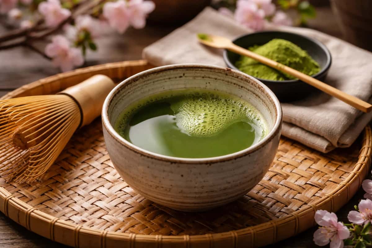 Krämig grön matcha latte med skum