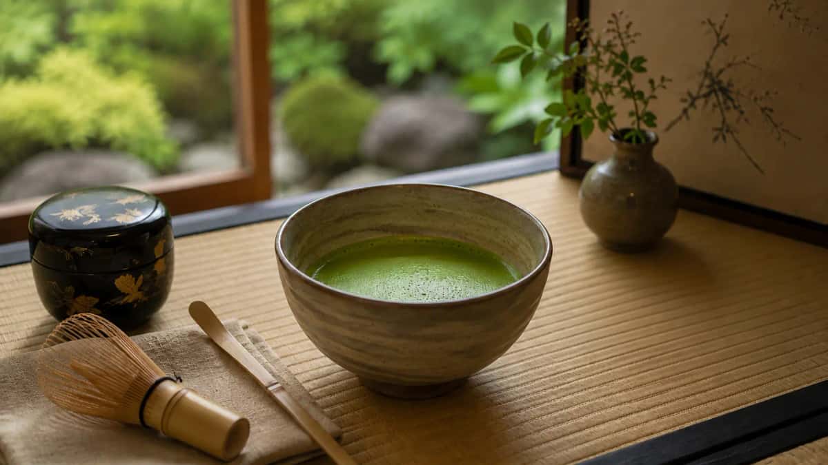 Traditionell matcha te i chawan med bambuvisp