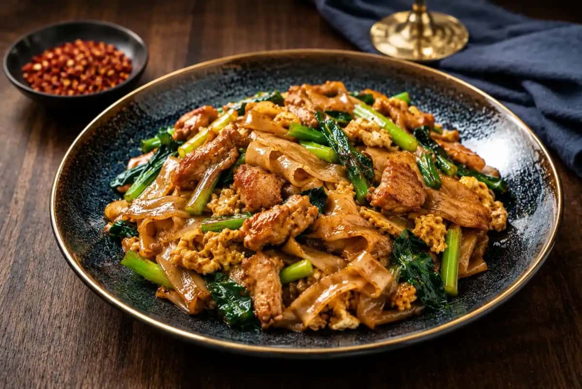 Äkta thailändsk Pad See Ew med breda risnudlar, kinesisk broccoli, kyckling och ägg wokad med mörk söt soja
