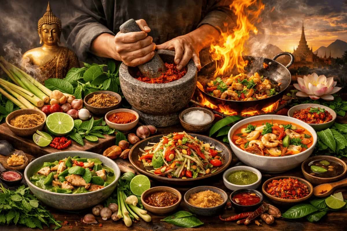 Thailändsk restaurang med öppet kök och mortelstötar