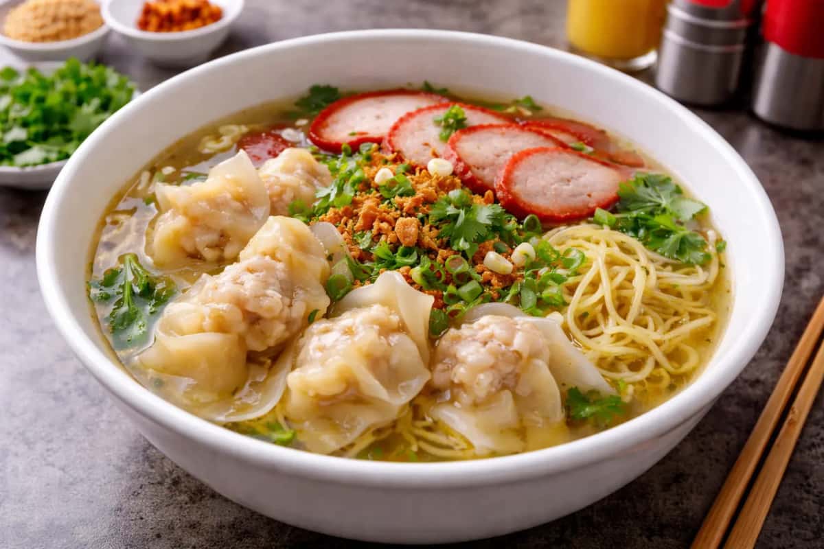 Äkta thailändsk Wonton Soup Kiew Nam med äggnudlar, friterad vitlök och klar buljong