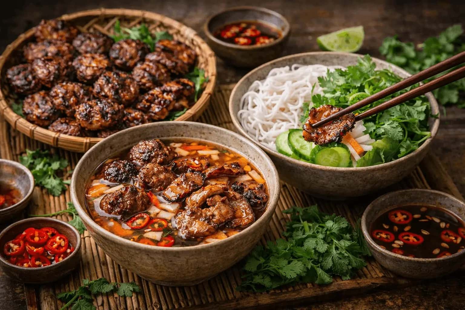 Bun Cha grillat vietnamesiskt fläsk med risnudlar och nuoc cham