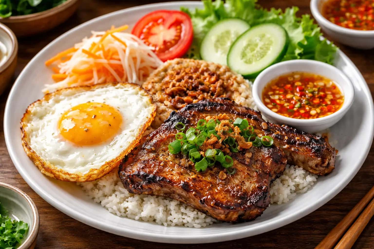 Com Tam vietnamesiskt brutet ris med grillat fläsk och nuoc cham