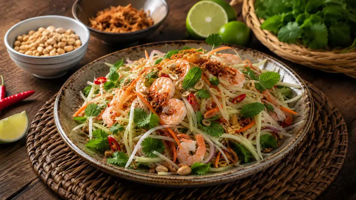 Vietnamesisk grön papayasallad Gỏi Đu Đủ med strimlad papaya, jordnötter, koriander och räkor på tallrik