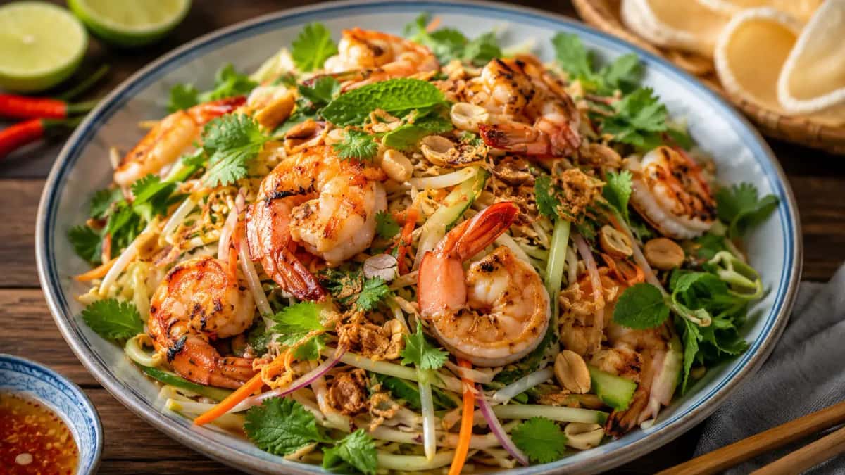 Autentisk Goi Tom Nuong - grillad vietnamesisk räksallad med örter