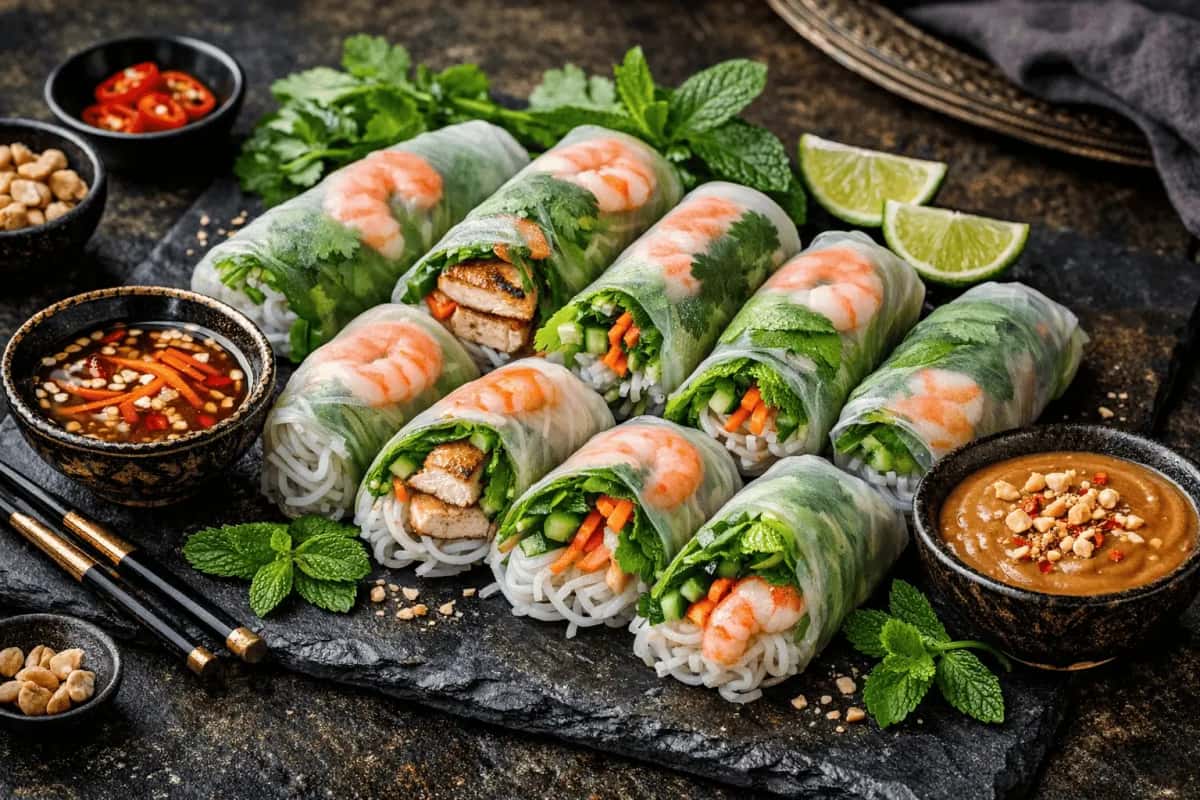 Vietnamesiska Färska Vårrullar Gỏi cuốn med räkor och örter