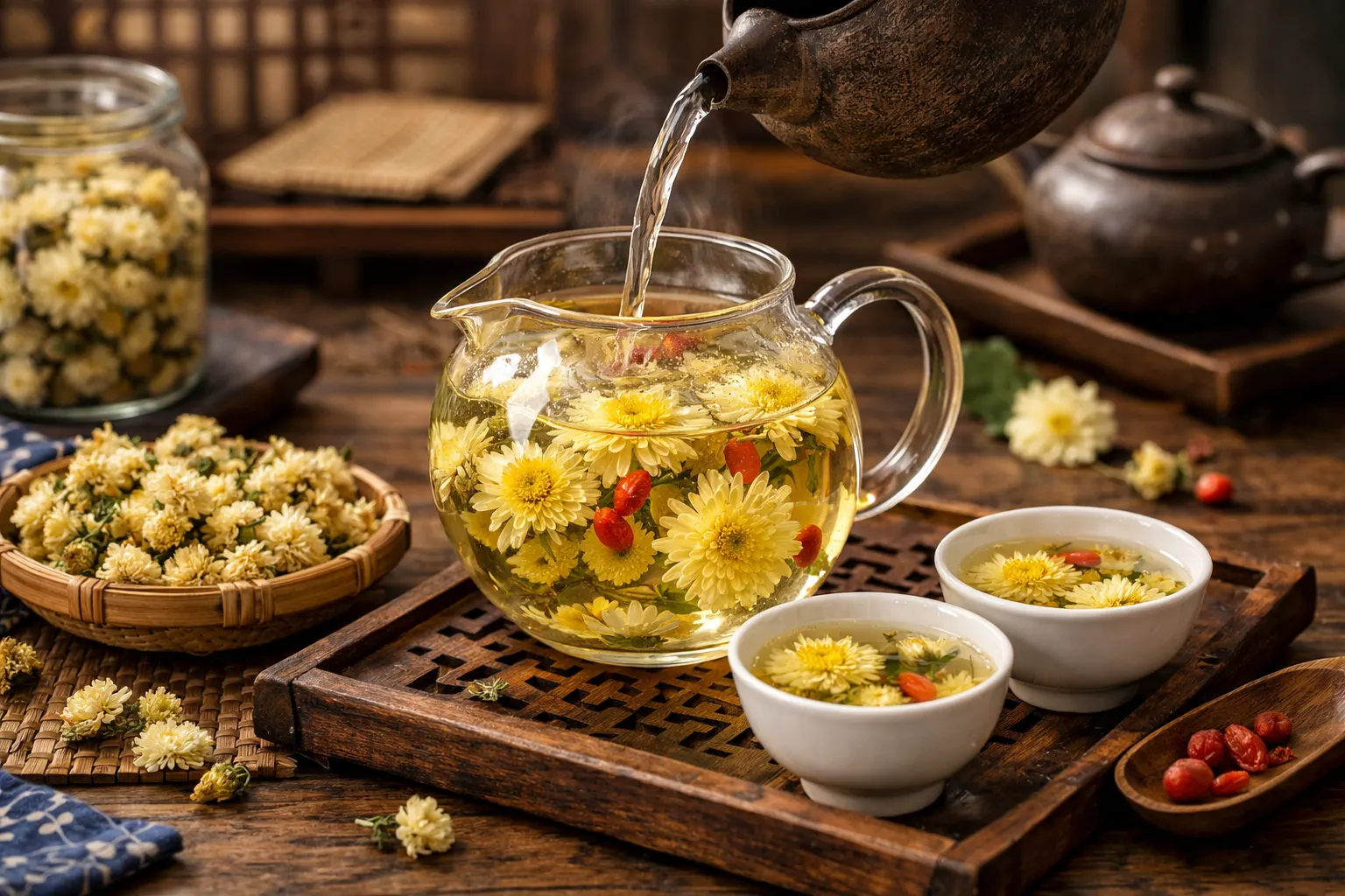 Traditionellt kinesiskt chrysantemumte med torkade blommor och gojibär