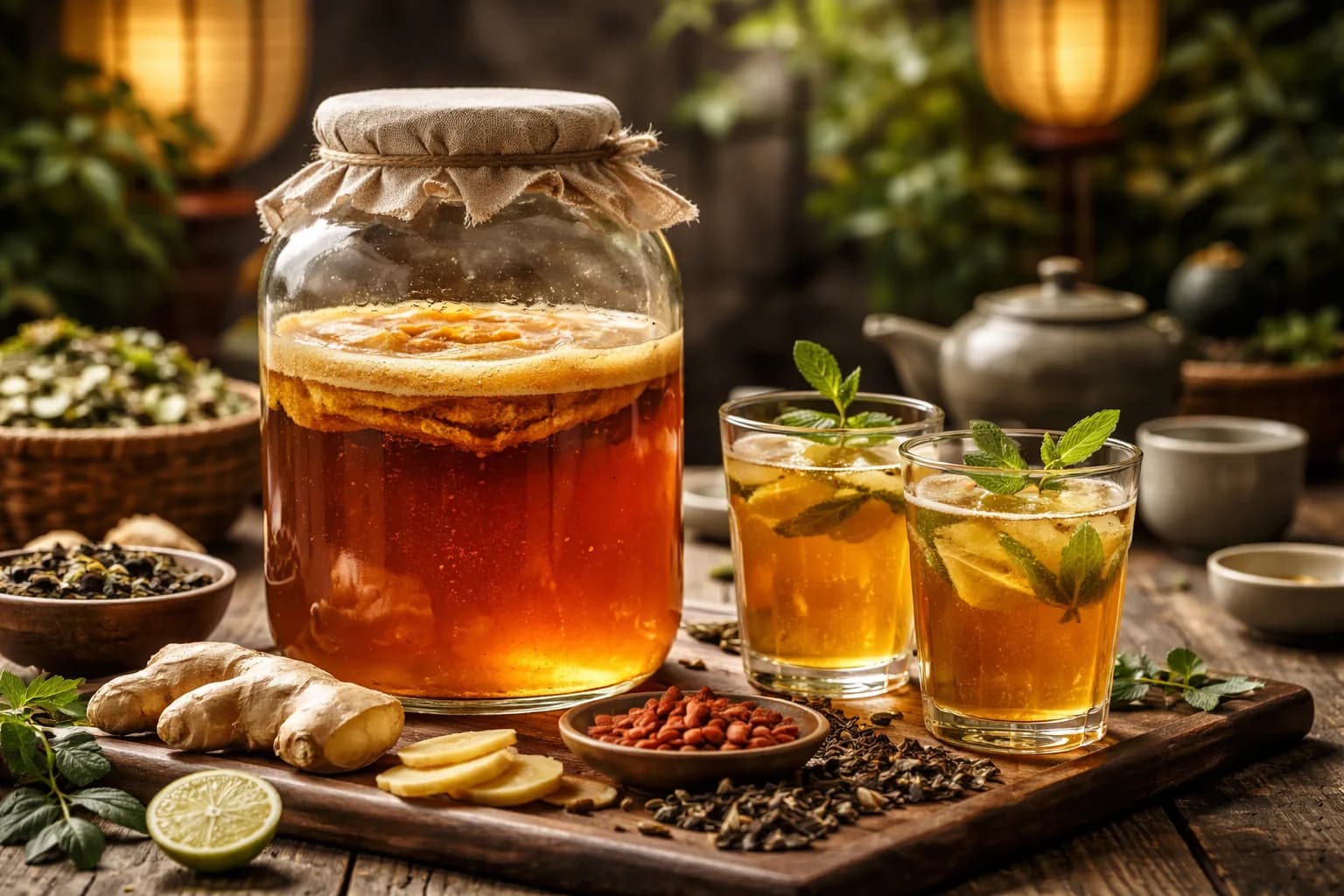 Hemmagjord kombucha i glasburk med SCOBY och asiatiska smaker