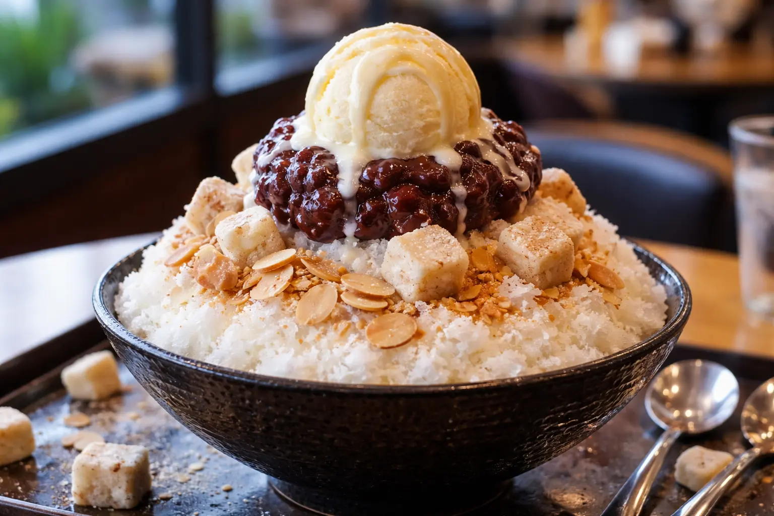 Koreansk patbingsu med rakad mjölkis, söt rödbönspasta och färska bär