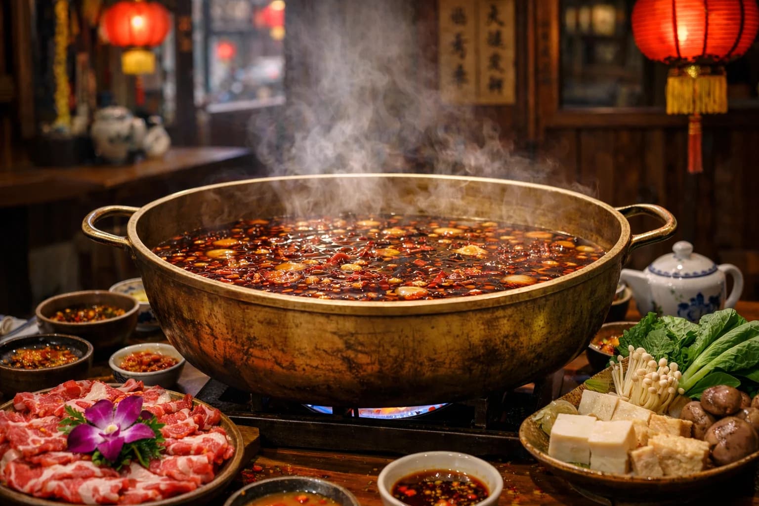 Autentisk kinesisk Hot Pot med Sichuan Mala buljong, tunt skivat kött och dipsåser