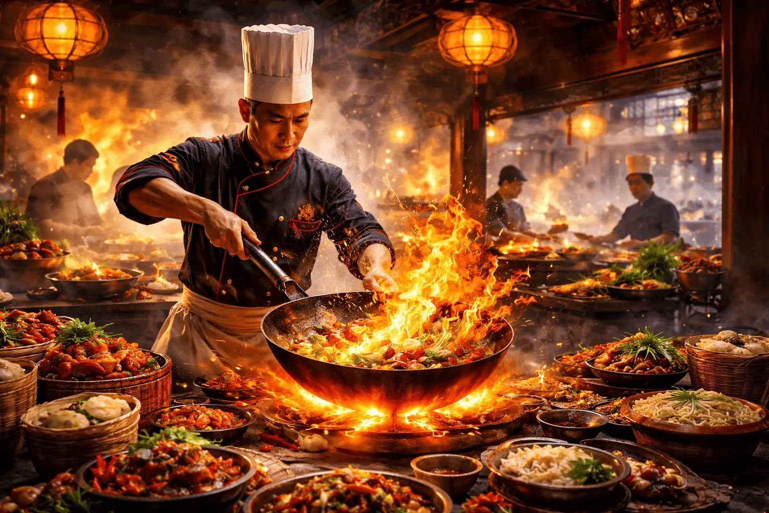 Kinesisk restaurang med öppet kök och wok-stationer