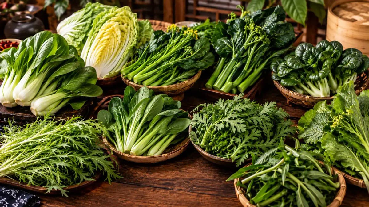 Asiatiska bladgrönsaker som pak choi, napakål, gai lan och vattenspenat på ett bord