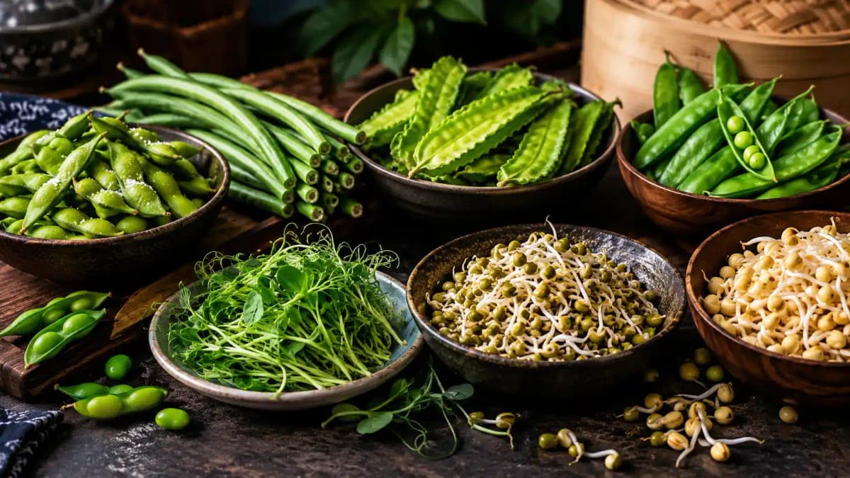 Asiatiska bönor och groddar som edamame, långböna och mungbönsgroddar på ett bord