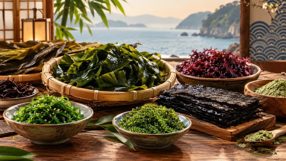 Asiatiska havsväxter som nori, kombu, wakame och umibudo på ett bord