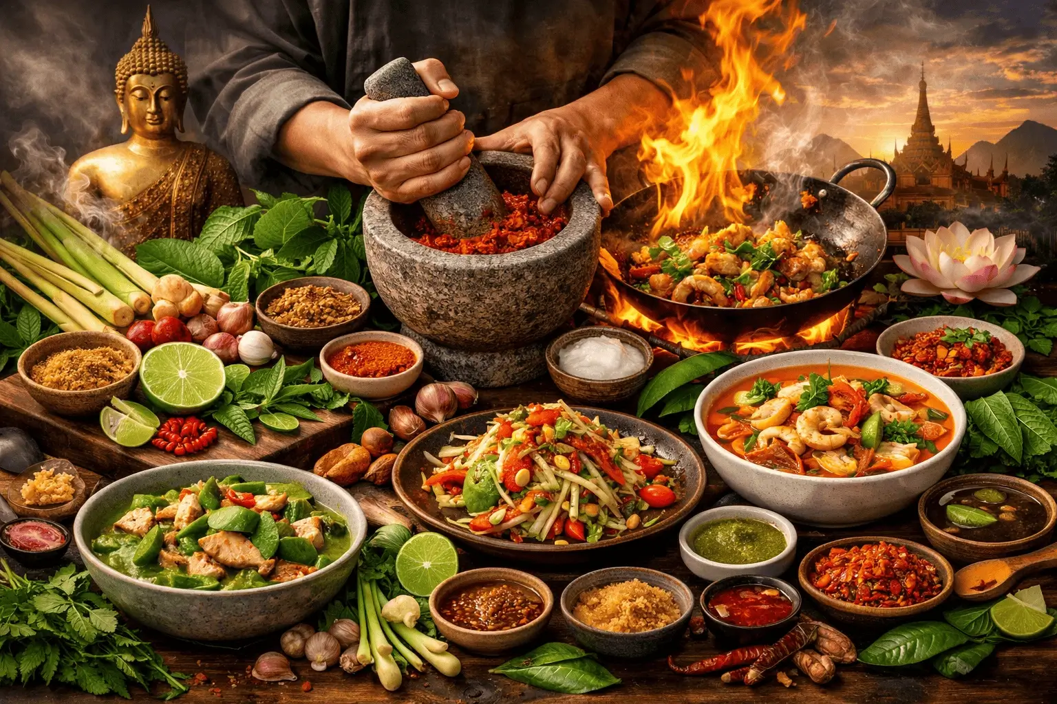 Thailändsk restaurang med öppet kök och mortelstötar