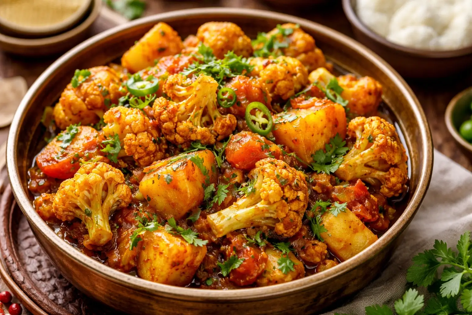 Autentisk indisk Aloo Gobi med gurkmeja, spiskummin och färsk koriander