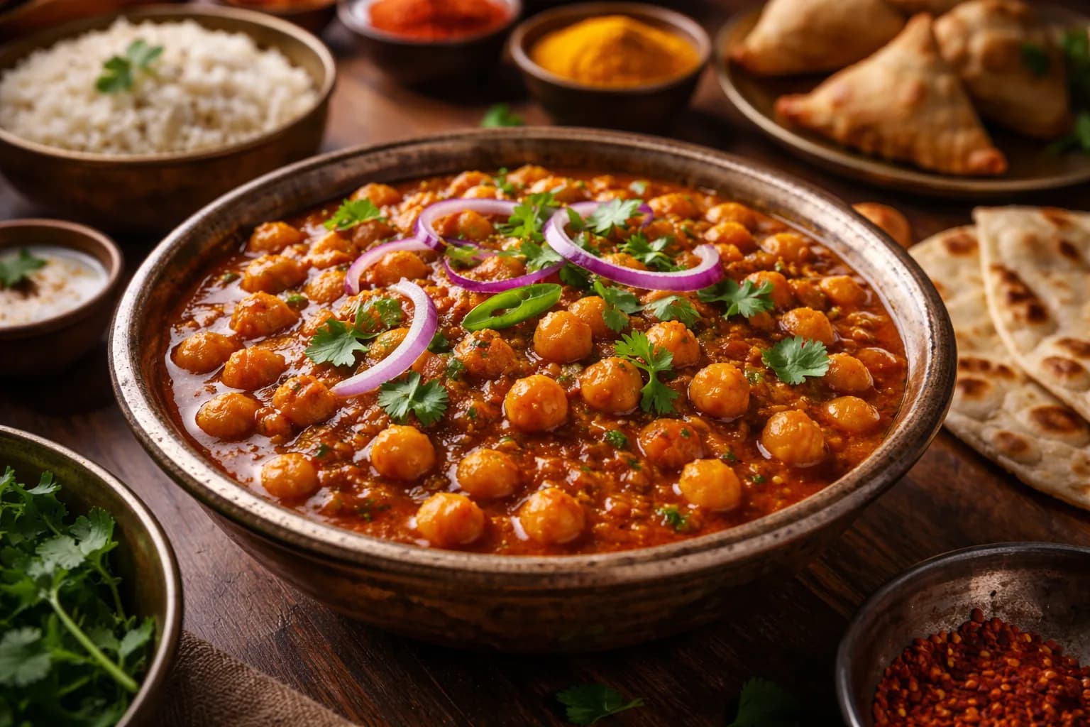 Autentisk indisk Chana Masala kikärtsgryta med kryddig tomatbas och färsk koriander