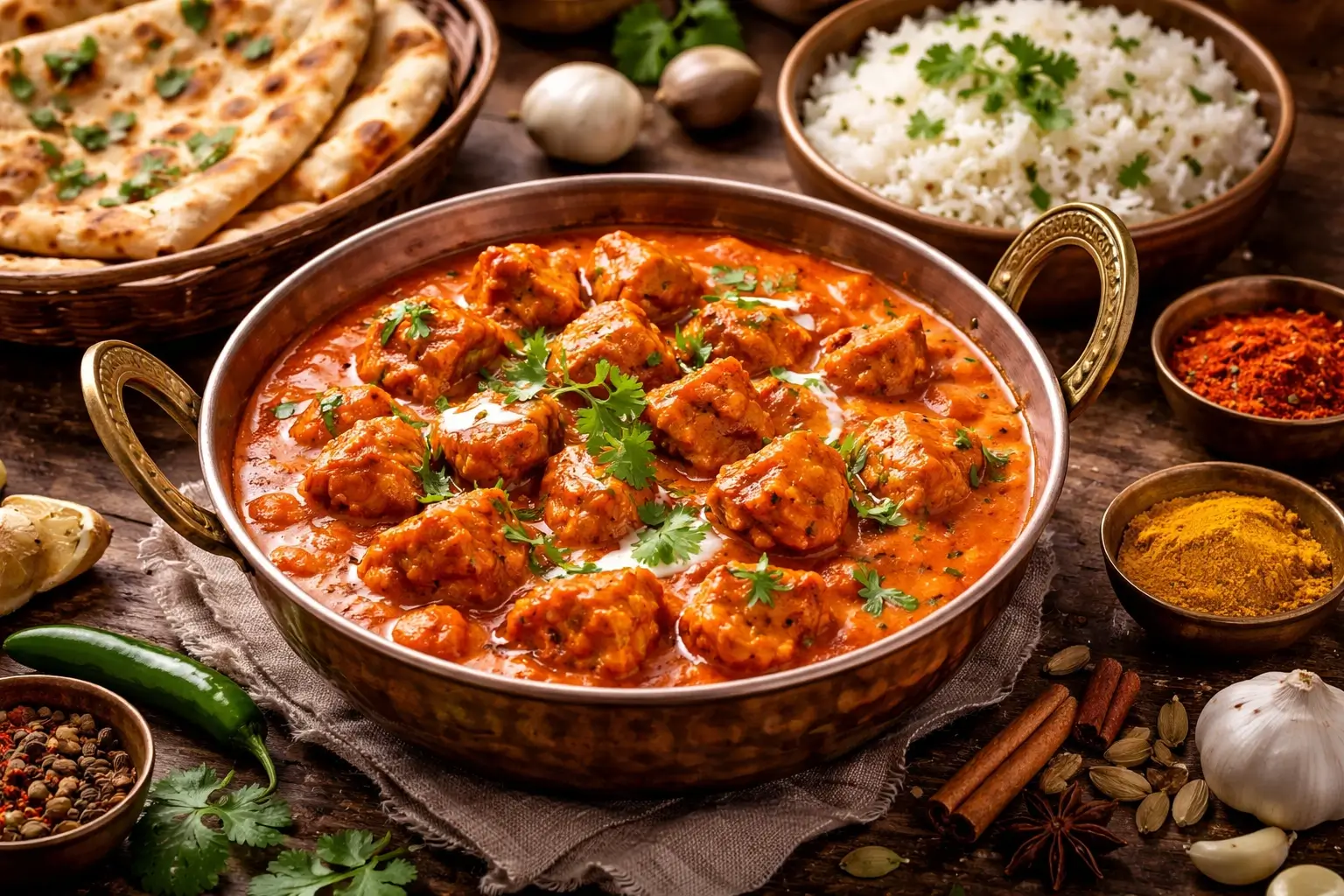 Autentisk indisk Chicken Tikka Masala med krämig tomatbaserad sås och tandoori-grillad kyckling